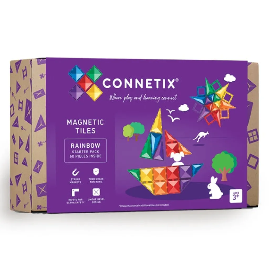 Connetix Costruzioni Magnetiche | Tessere Magnetiche Traslucide - Set da 60 pezzi Starter Pack Arcobaleno