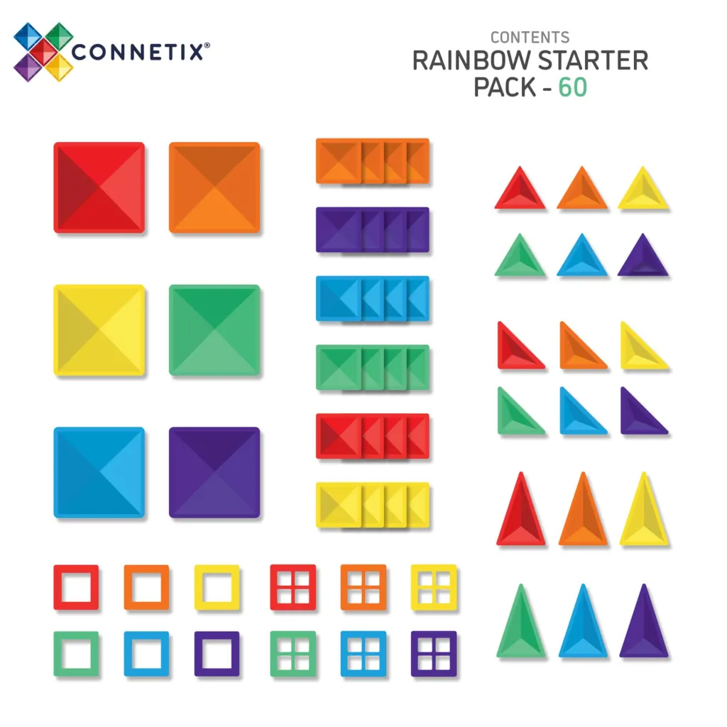 Connetix Costruzioni Magnetiche | Tessere Magnetiche Traslucide - Set da 60 pezzi Starter Pack Arcobaleno